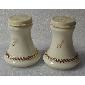 PAIR 1940s-50s Wheaton Custard Glass Salt & Pepper Shakers Gilt Roping w/lids